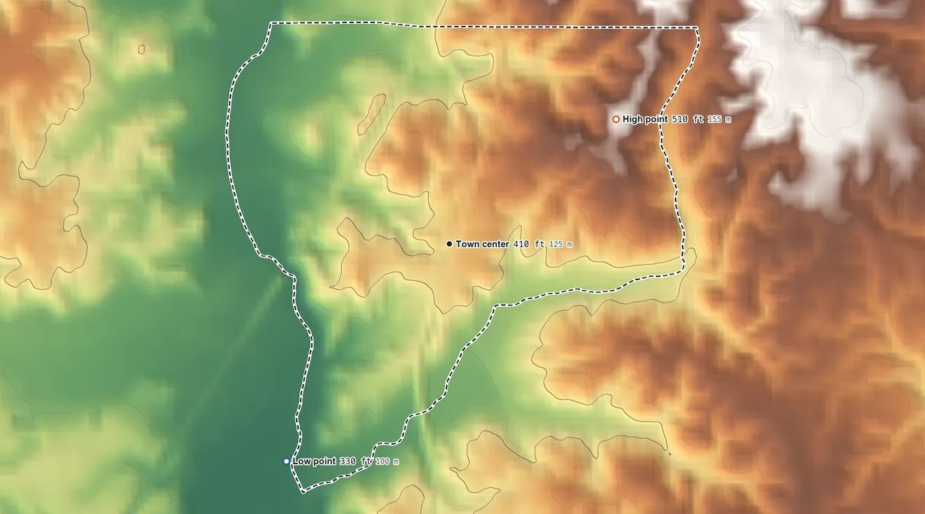 Topographic elevation map of Waterford, Mississippi, shaded from 330 ft on the southwest side to 510 ft on the northeast side