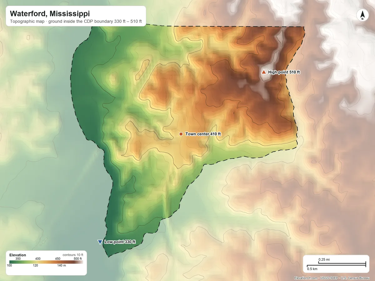 Topographic elevation map of Waterford, Mississippi, shaded from 330 ft on the southwest side to 510 ft on the northeast side