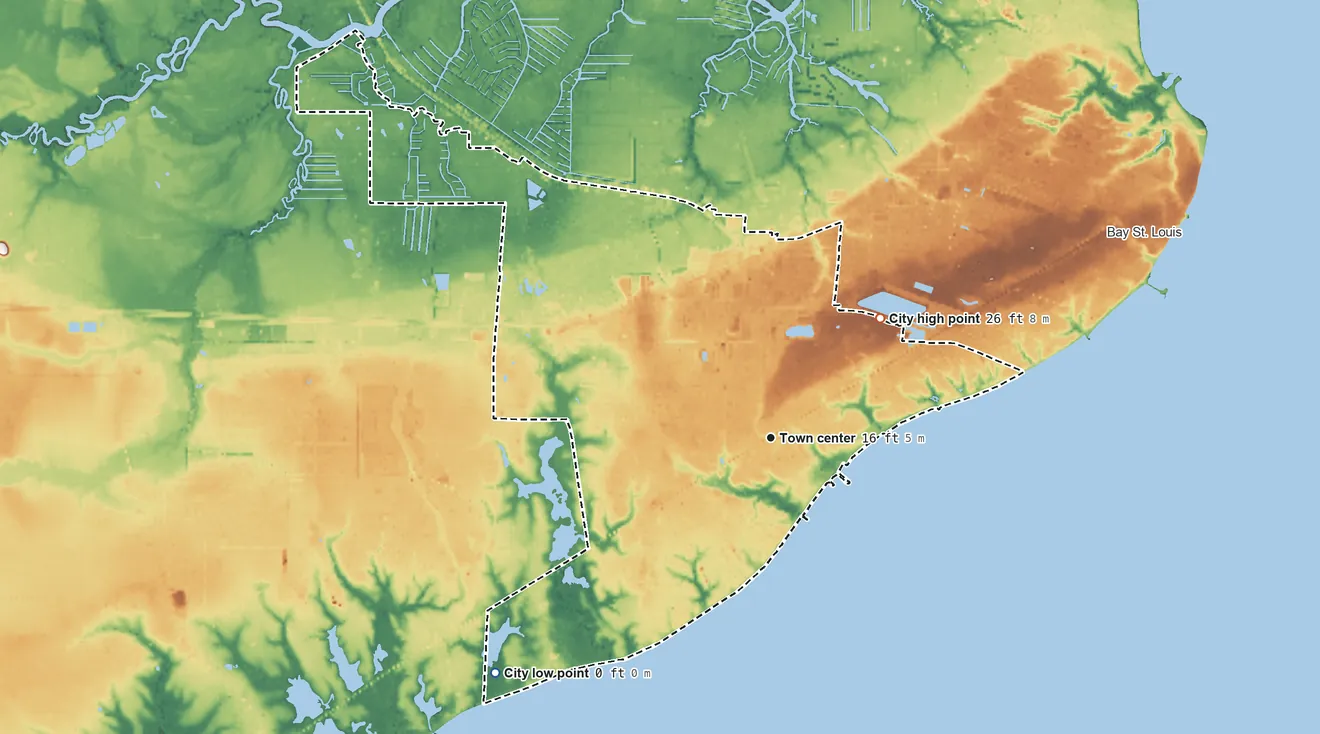 Topographic elevation map of Waveland, Mississippi, shaded from sea level level on Mississippi Sound to 26 ft on the northeast side