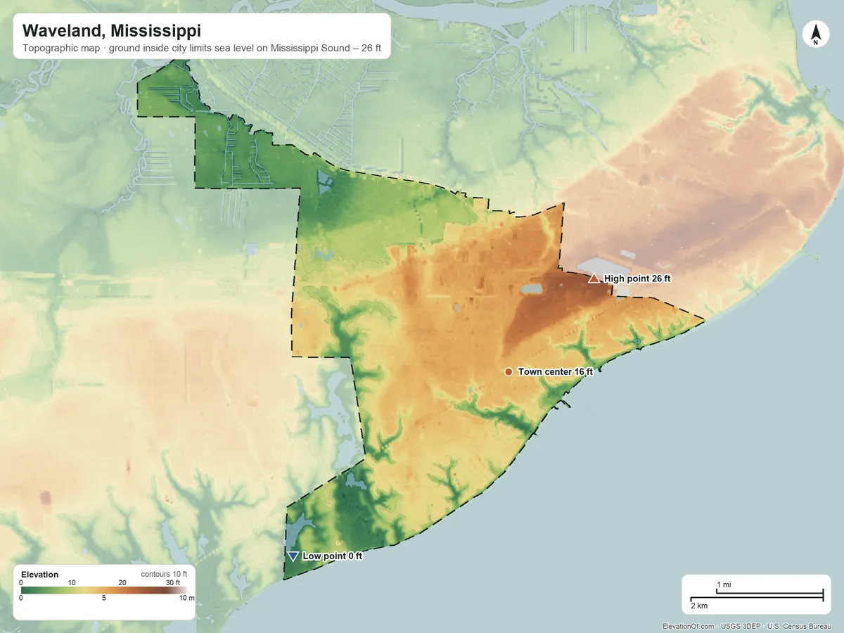 Topographic elevation map of Waveland, Mississippi, shaded from sea level level on Mississippi Sound to 26 ft on the northeast side
