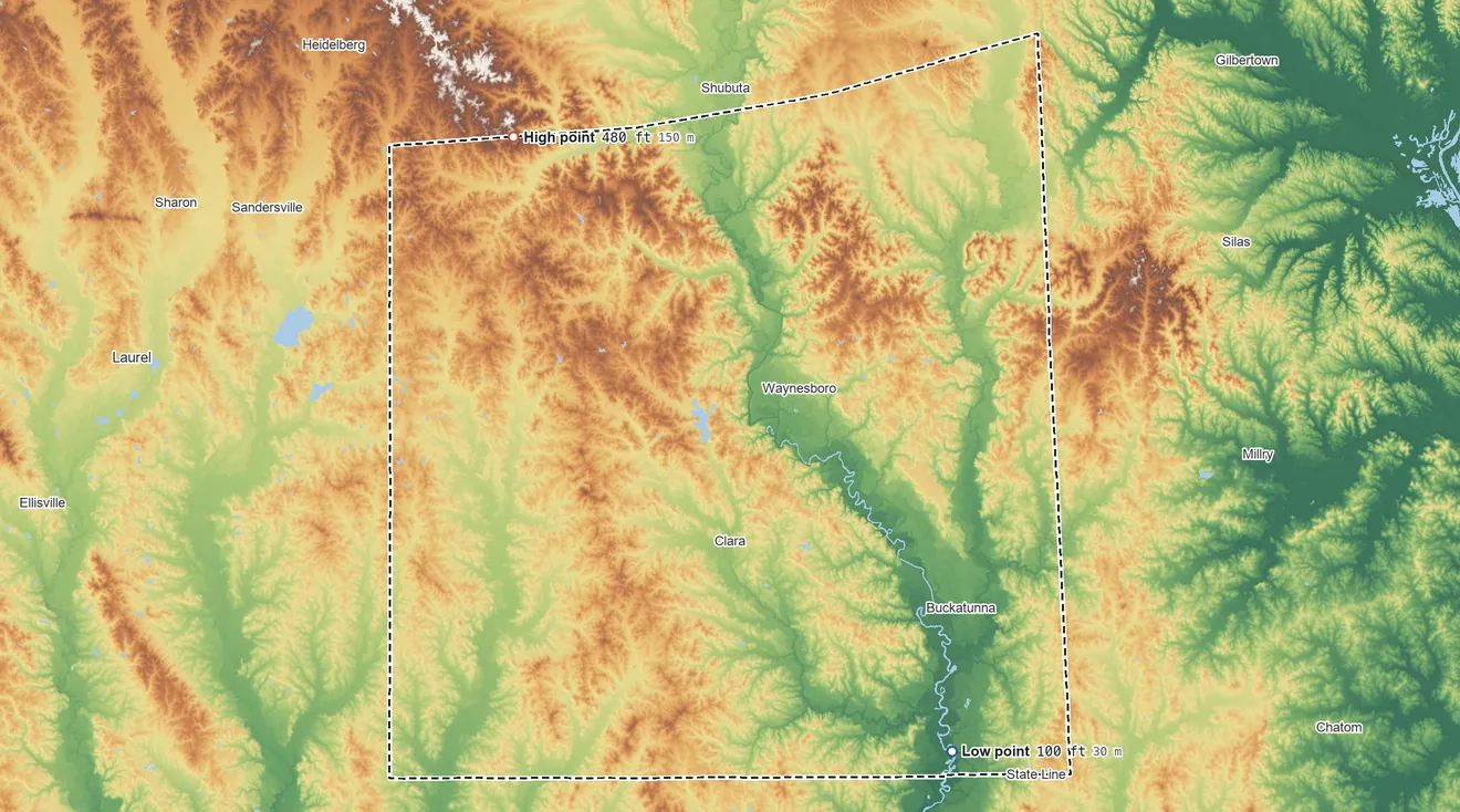 Topographic elevation map of Wayne County, Mississippi, shaded from 100 ft on the southeast side to 480 ft on the northwest side