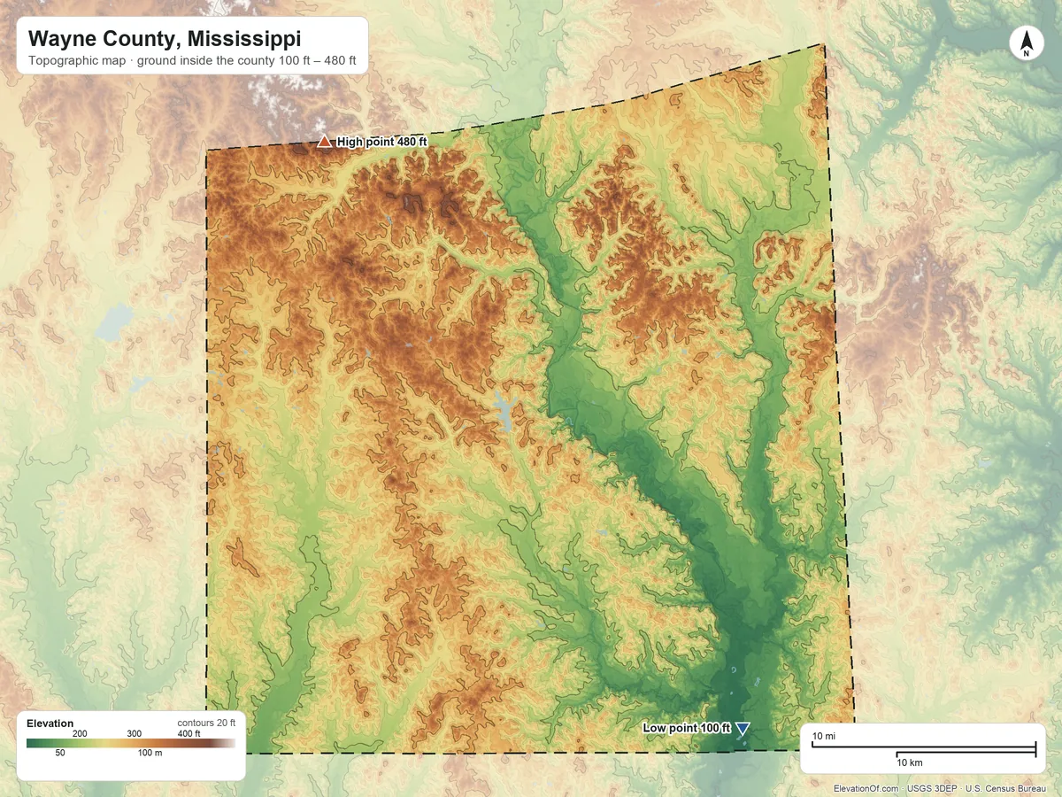 Topographic elevation map of Wayne County, Mississippi, shaded from 100 ft on the southeast side to 480 ft on the northwest side
