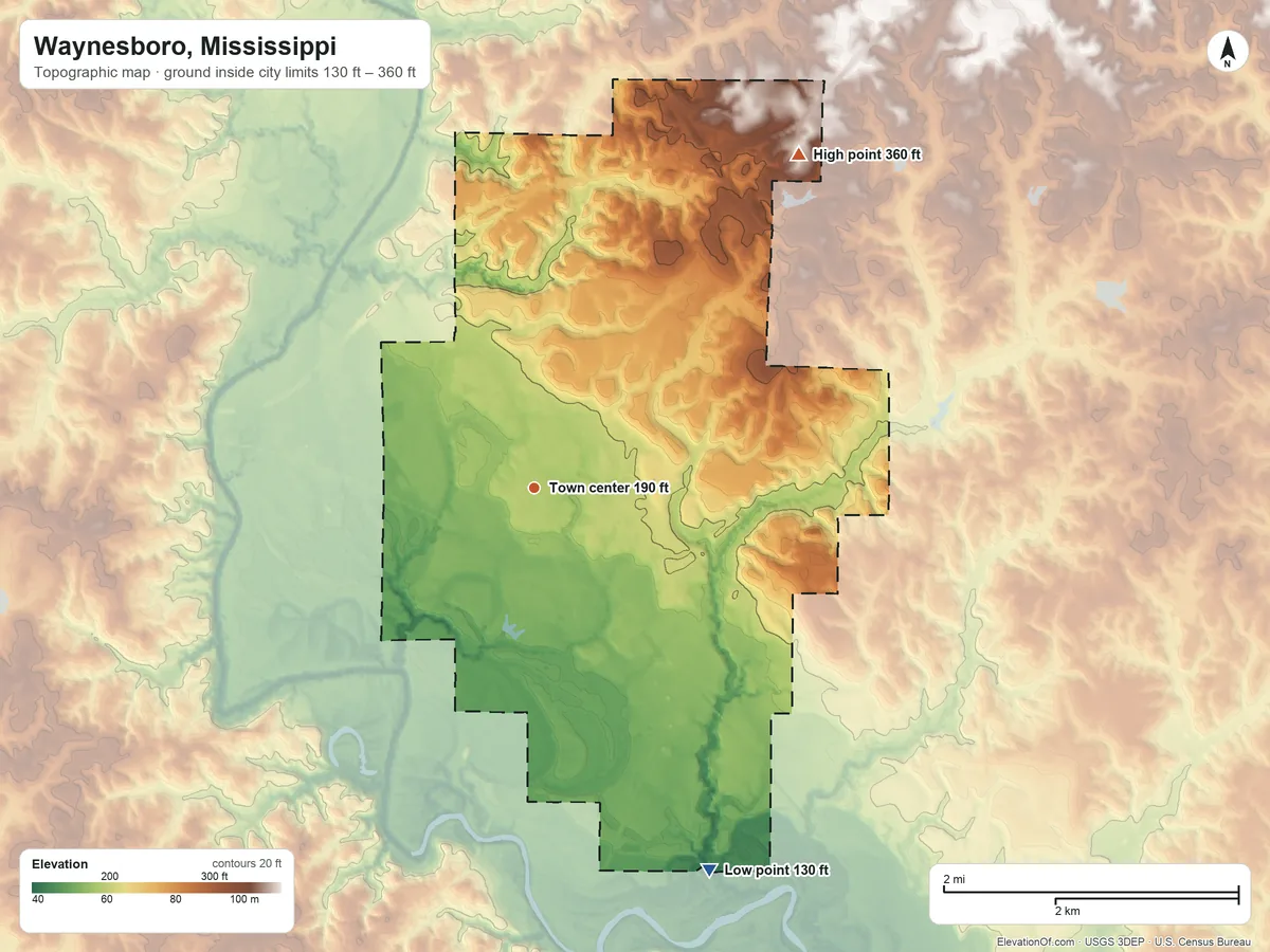 Topographic elevation map of Waynesboro, Mississippi, shaded from 130 ft on the southeast side to 360 ft on the northeast side