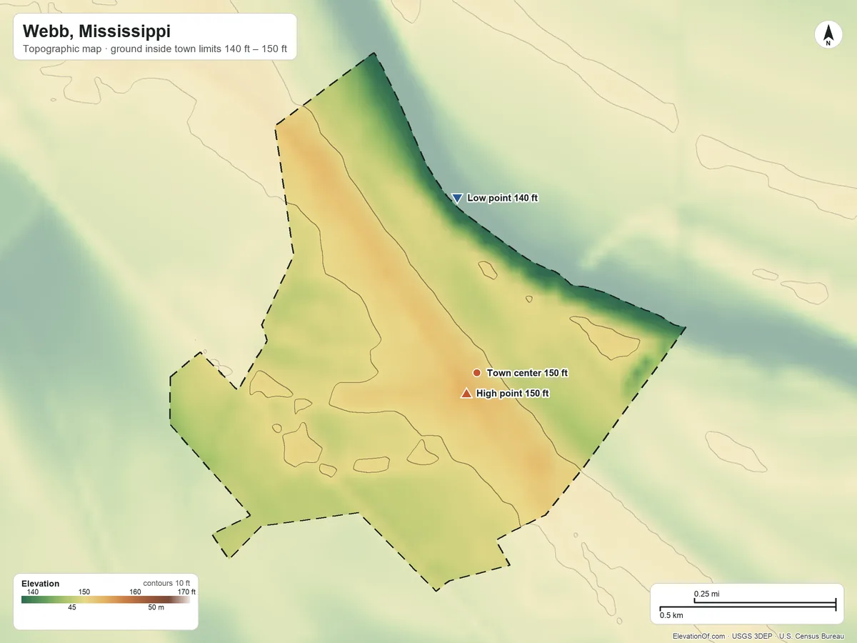 Topographic elevation map of Webb, Mississippi, shaded from 140 ft on the north side to 150 ft near the middle