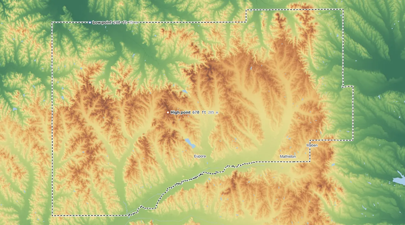 Topographic elevation map of Webster County, Mississippi, shaded from 240 ft on the northwest side to 670 ft on Sand Mountain