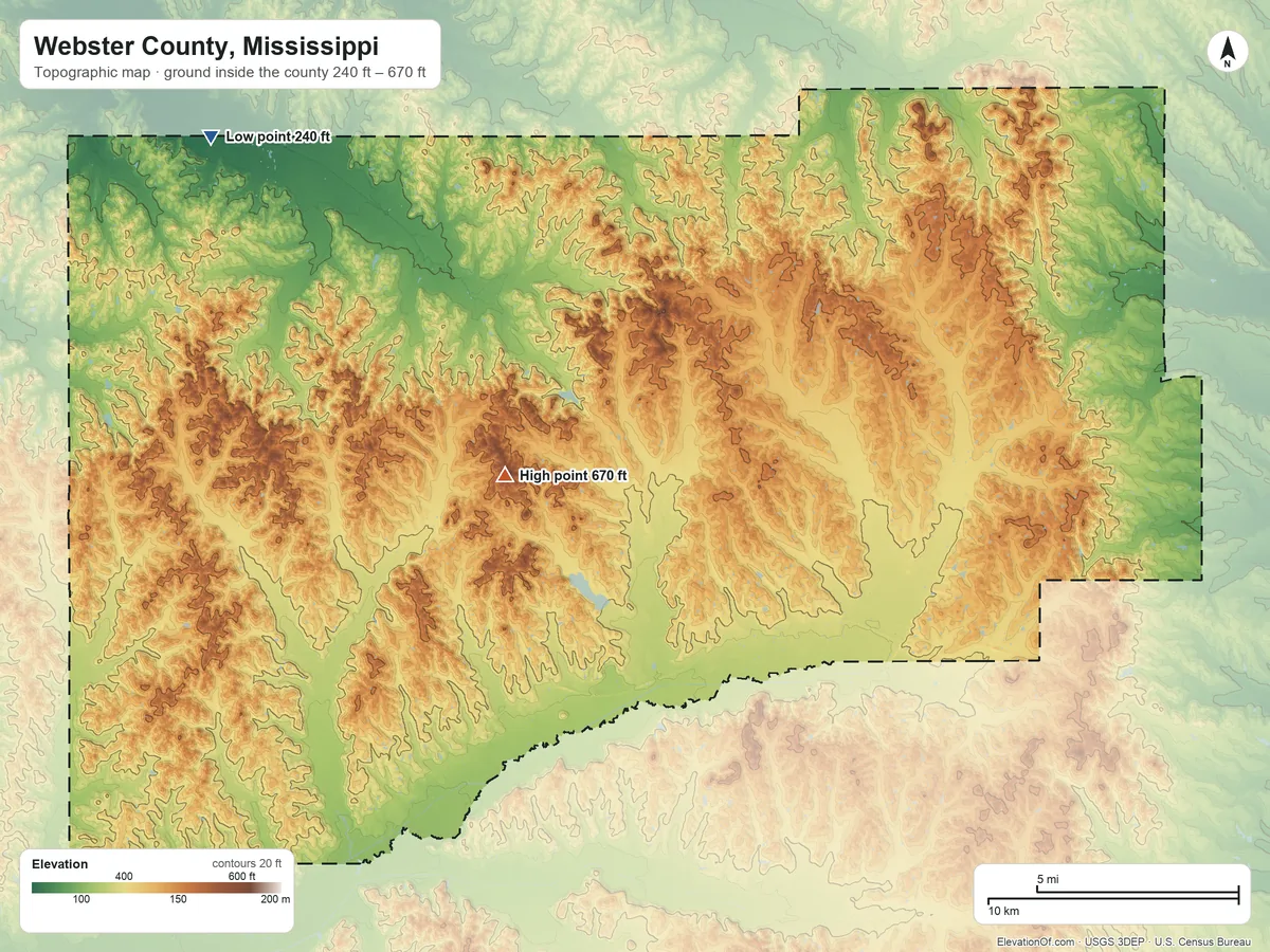 Topographic elevation map of Webster County, Mississippi, shaded from 240 ft on the northwest side to 670 ft on Sand Mountain