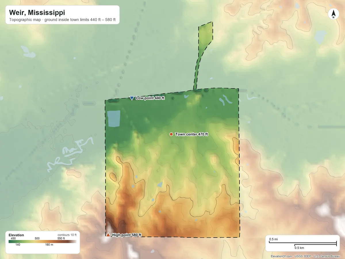 Topographic elevation map of Weir, Mississippi, shaded from 440 ft on the northwest side to 580 ft on the southwest side