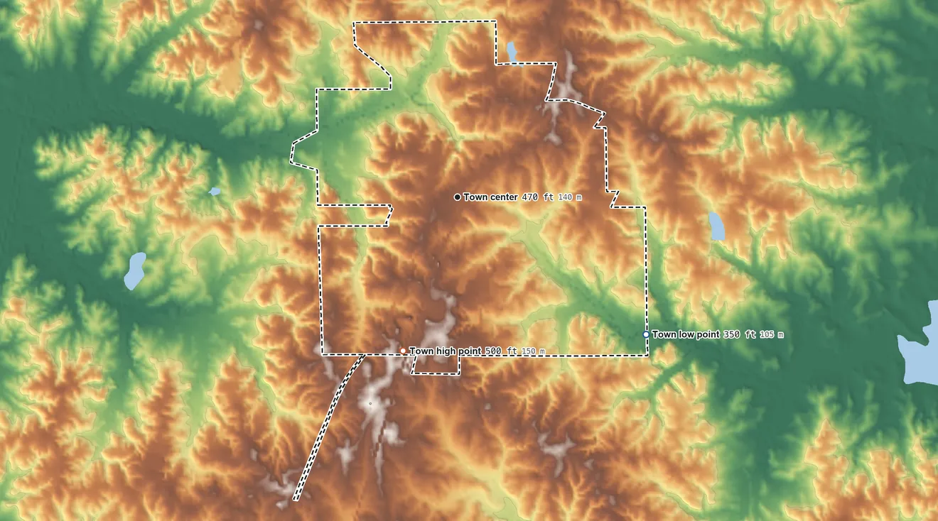 Topographic elevation map of Wesson, Mississippi, shaded from 350 ft on the southeast side to 500 ft on the south side