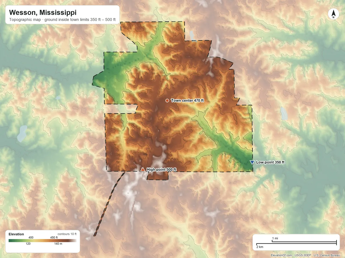Topographic elevation map of Wesson, Mississippi, shaded from 350 ft on the southeast side to 500 ft on the south side