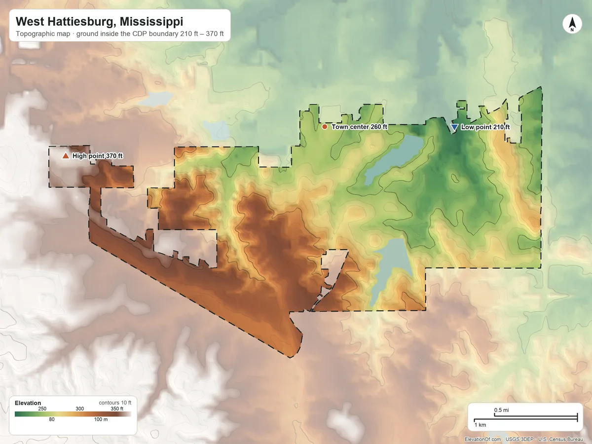 Topographic elevation map of West Hattiesburg, Mississippi, shaded from 210 ft on the east side to 370 ft on the west side