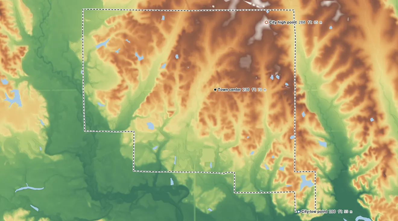 Topographic elevation map of West Point, Mississippi, shaded from 180 ft on the southeast side to 280 ft on the northeast side