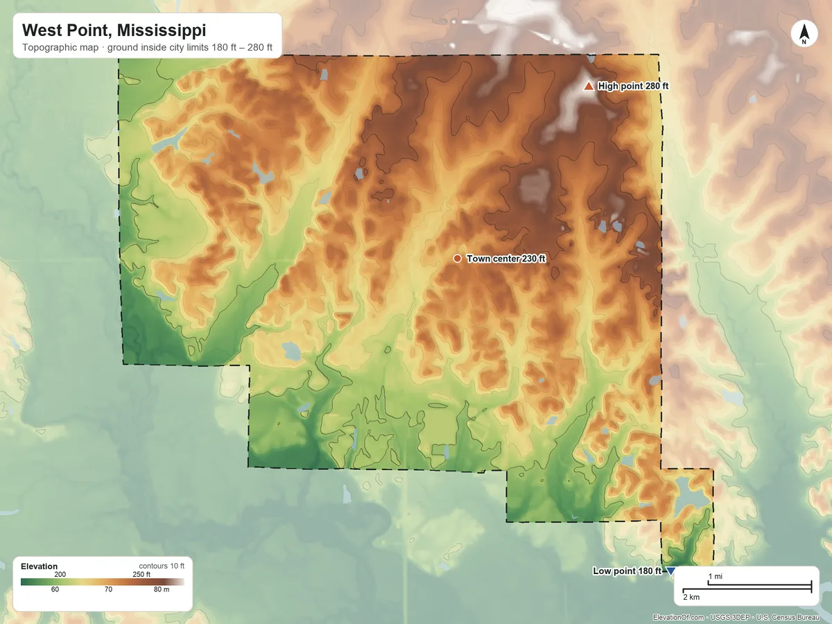 Topographic elevation map of West Point, Mississippi, shaded from 180 ft on the southeast side to 280 ft on the northeast side