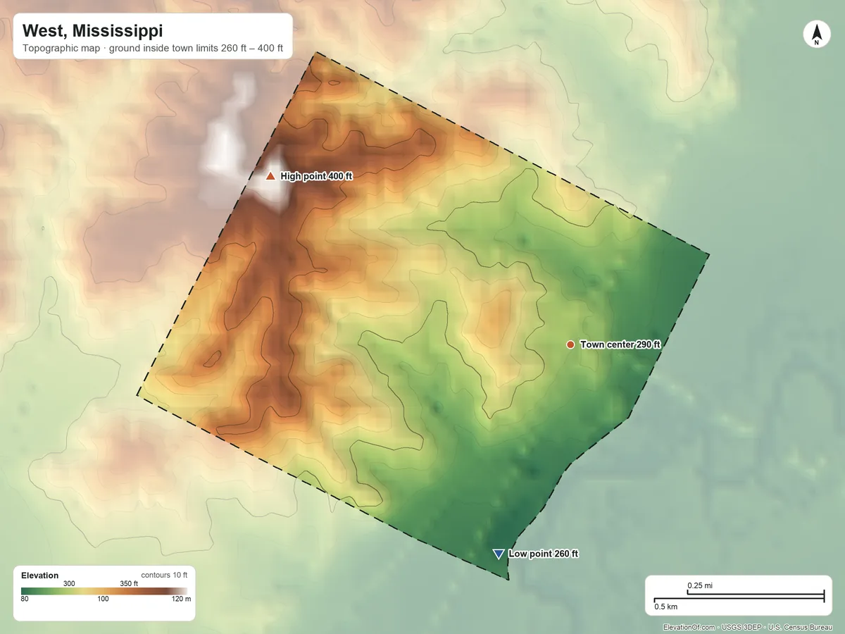 Topographic elevation map of West, Mississippi, shaded from 260 ft on the south side to 400 ft on the northwest side