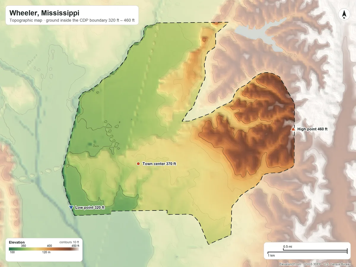 Topographic elevation map of Wheeler, Mississippi, shaded from 320 ft on the southwest side to 460 ft on the east side