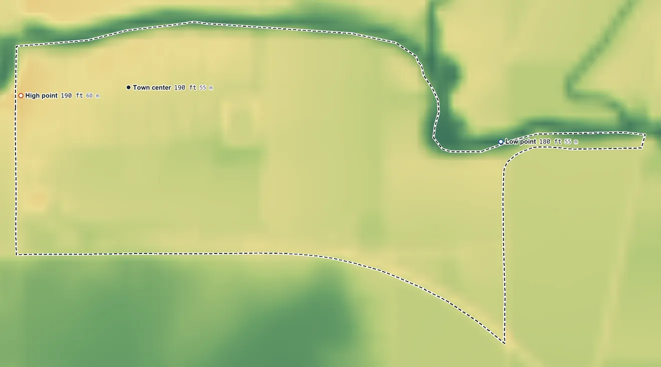 Topographic elevation map of White Oak, Mississippi, shaded from 180 ft on the east side to 190 ft on the west side