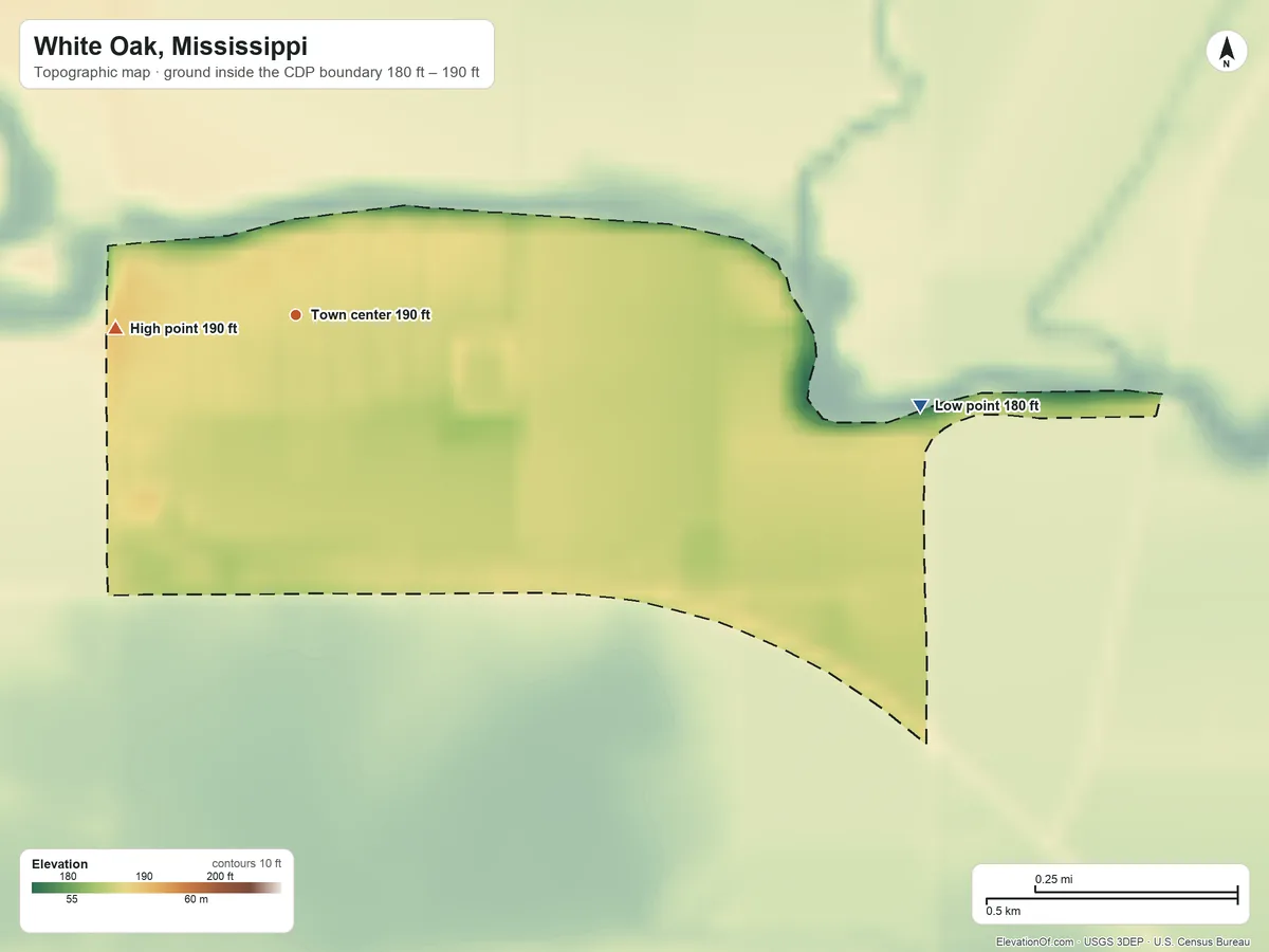 Topographic elevation map of White Oak, Mississippi, shaded from 180 ft on the east side to 190 ft on the west side