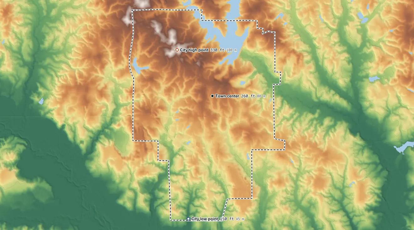 Topographic elevation map of Wiggins, Mississippi, shaded from 150 ft on the south side to 330 ft on the northwest side