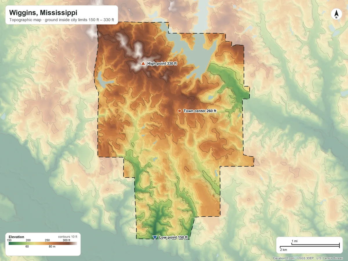 Topographic elevation map of Wiggins, Mississippi, shaded from 150 ft on the south side to 330 ft on the northwest side