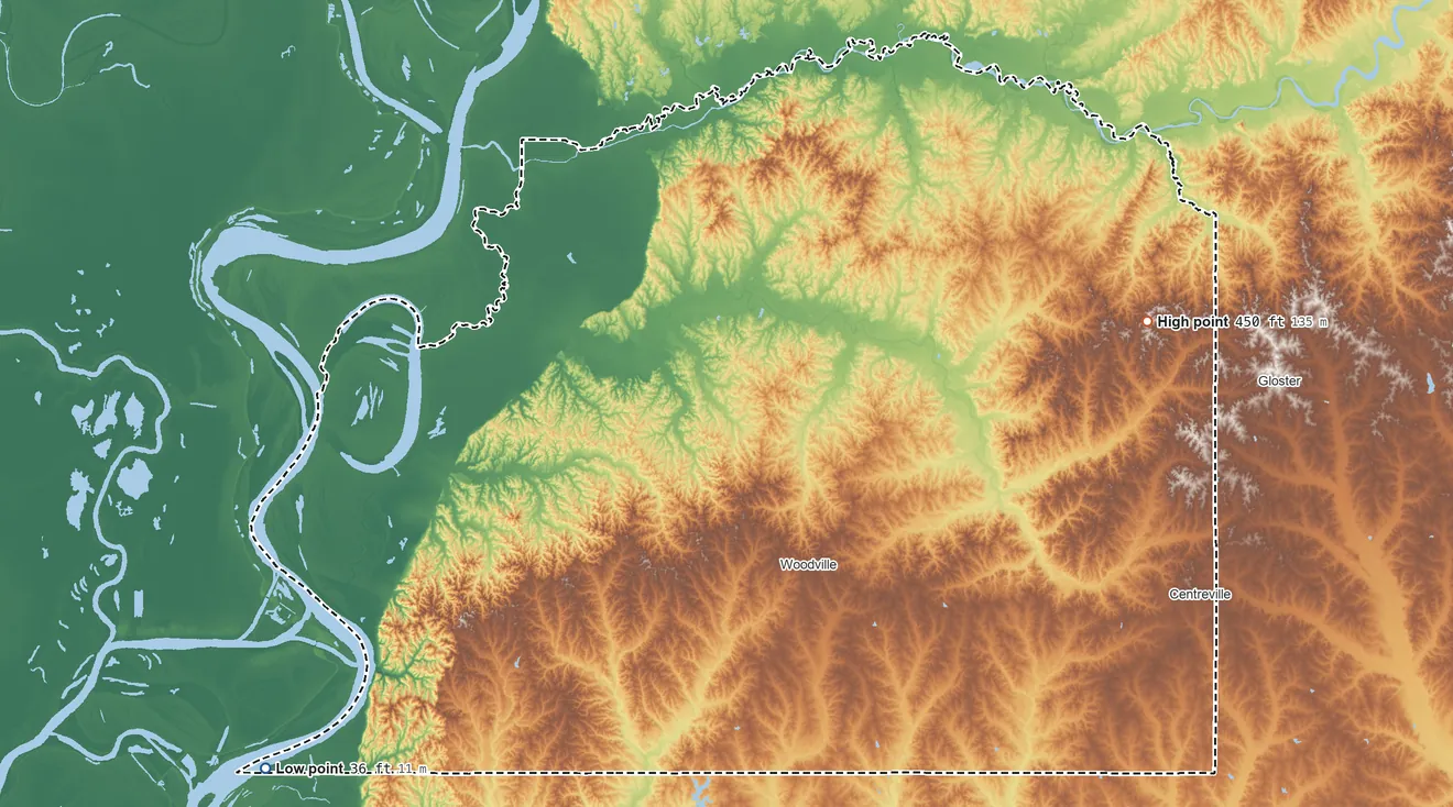 Topographic elevation map of Wilkinson County, Mississippi, shaded from 36 ft on the southwest side to 450 ft on the east side