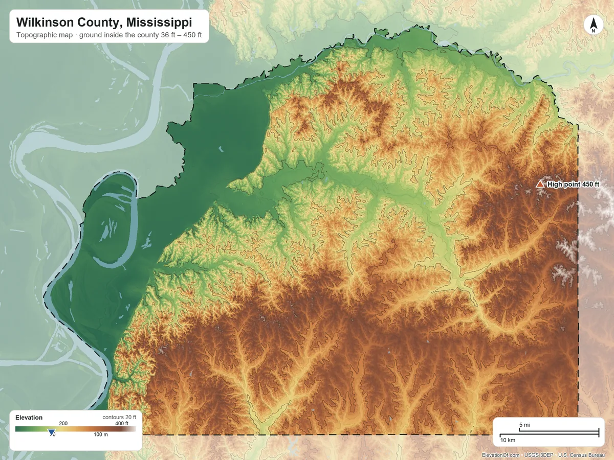 Topographic elevation map of Wilkinson County, Mississippi, shaded from 36 ft on the southwest side to 450 ft on the east side