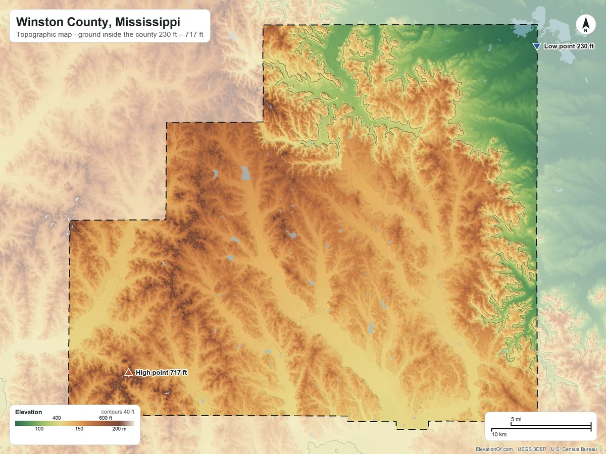 Topographic elevation map of Winston County, Mississippi, shaded from 230 ft on the northeast side to 717 ft on Smallwood Hills