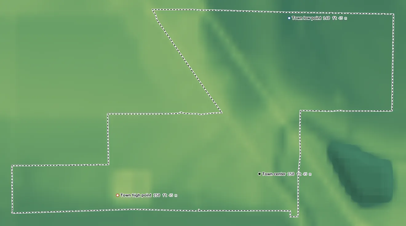 Topographic elevation map of Winstonville, Mississippi, shaded from 140 ft on the north side to 150 ft on the west side
