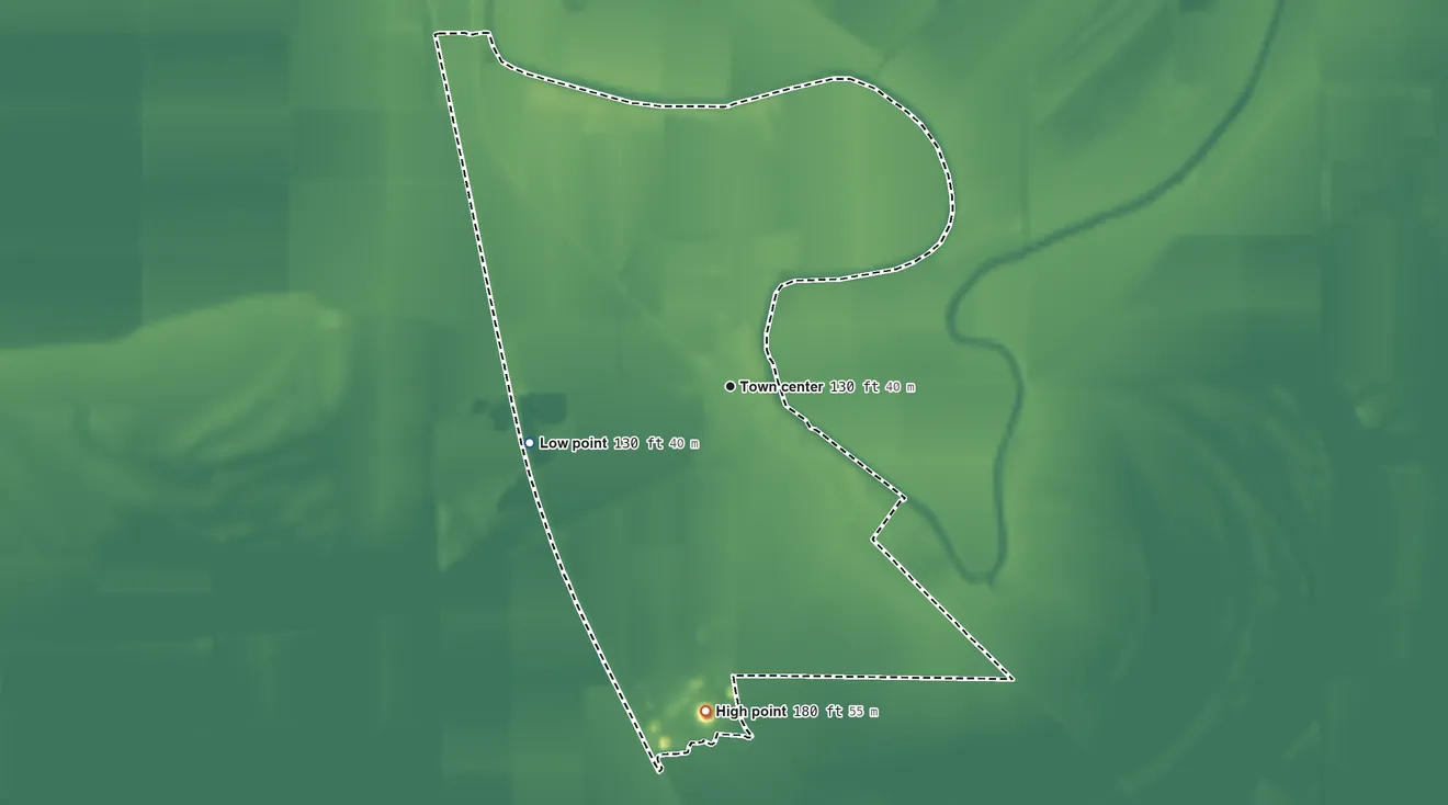 Topographic elevation map of Winterville, Mississippi, shaded from 130 ft on the west side to 180 ft on the south side