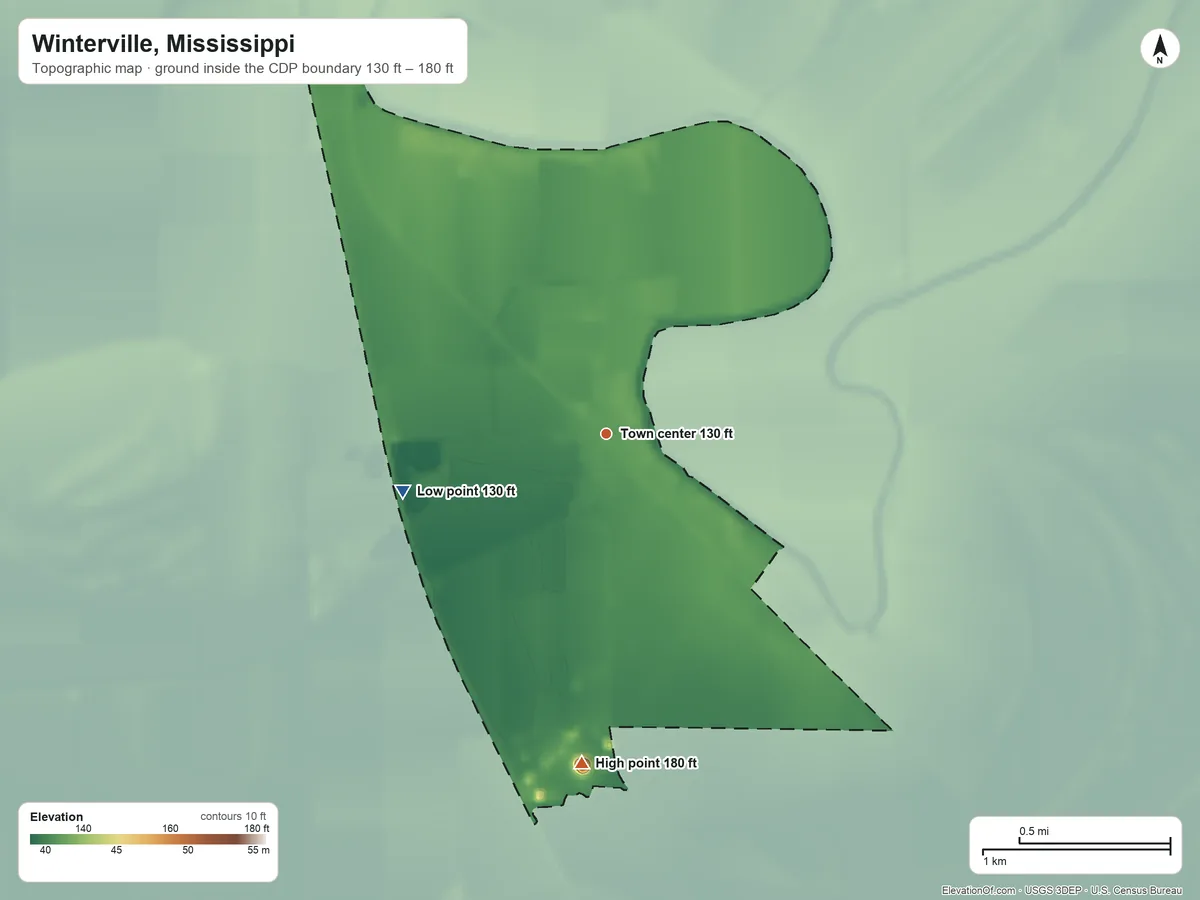Topographic elevation map of Winterville, Mississippi, shaded from 130 ft on the west side to 180 ft on the south side