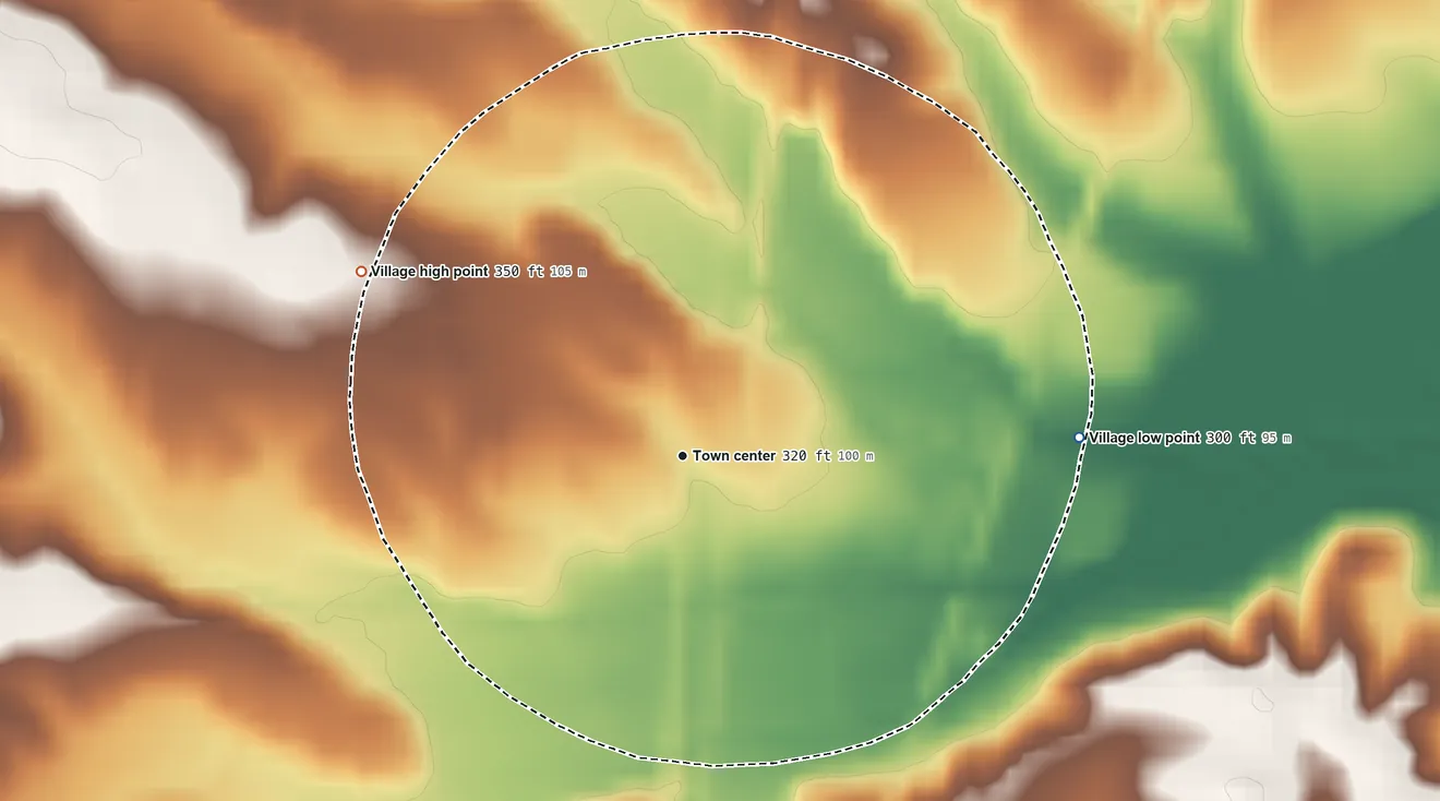 Topographic elevation map of Woodland, Mississippi, shaded from 300 ft on the east side to 350 ft on the northwest side