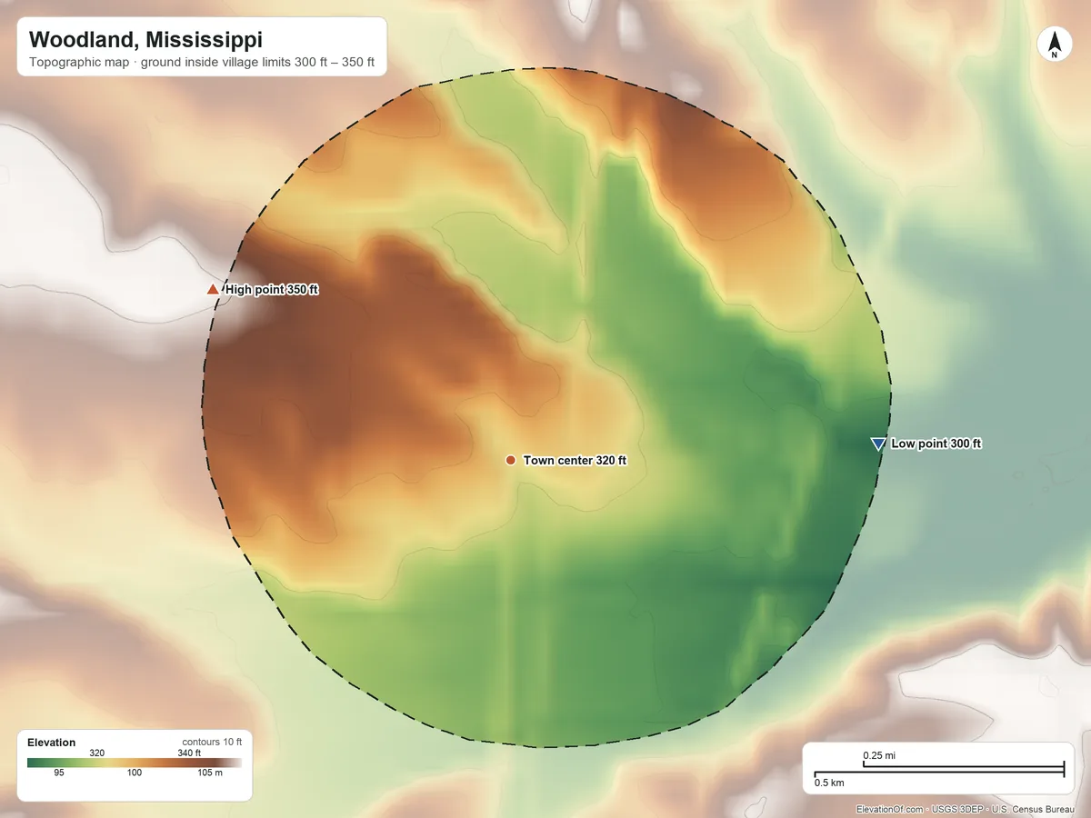 Topographic elevation map of Woodland, Mississippi, shaded from 300 ft on the east side to 350 ft on the northwest side