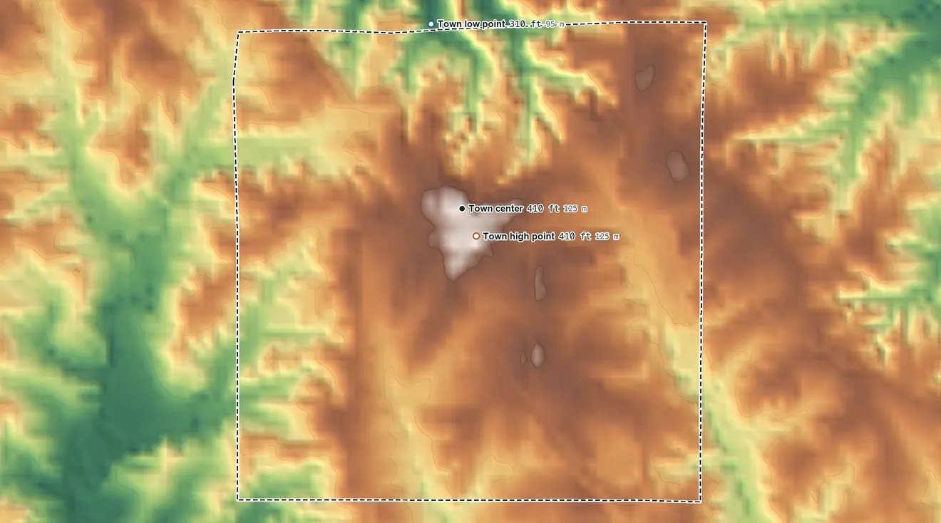 Topographic elevation map of Woodville, Mississippi, shaded from 310 ft on the north side to 410 ft near the middle