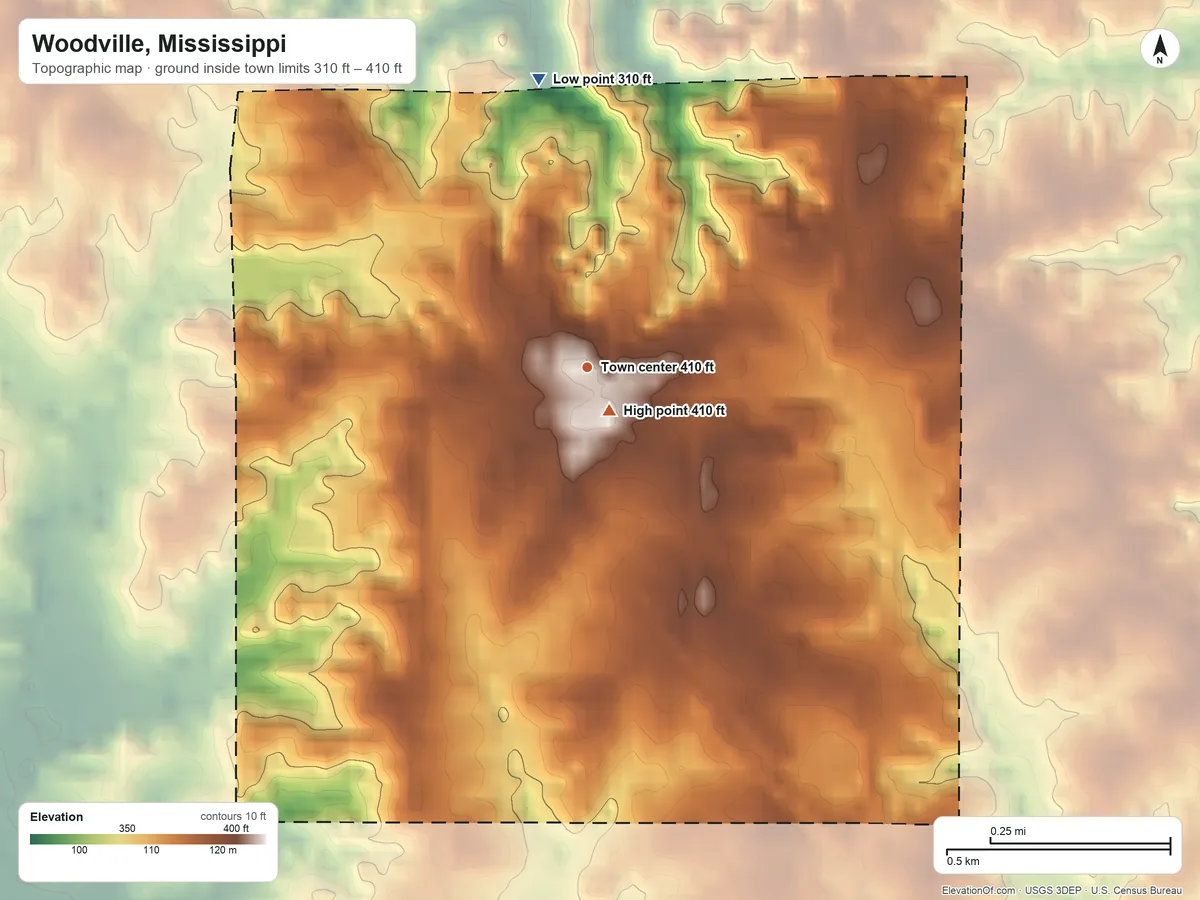Topographic elevation map of Woodville, Mississippi, shaded from 310 ft on the north side to 410 ft near the middle