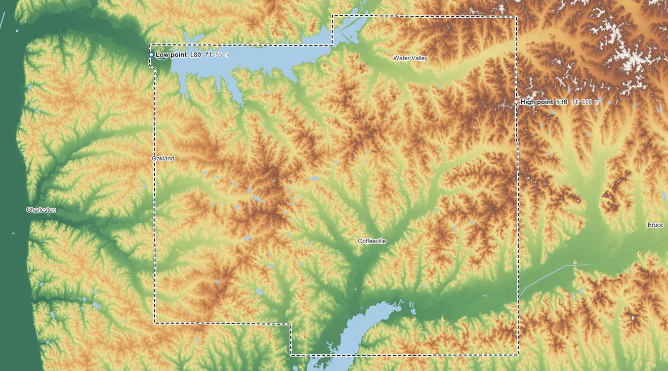 Topographic elevation map of Yalobusha County, Mississippi, shaded from 180 ft on the northwest side to 530 ft on the northeast side