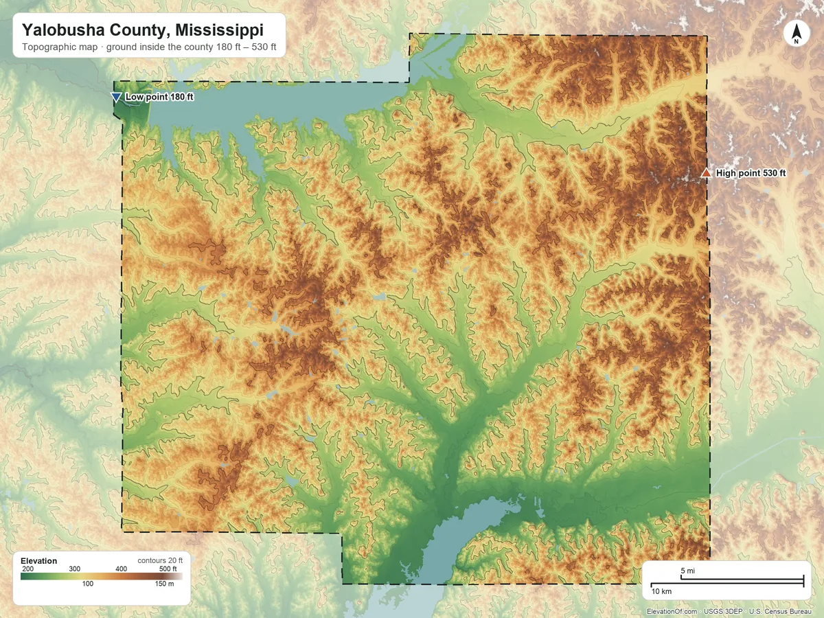 Topographic elevation map of Yalobusha County, Mississippi, shaded from 180 ft on the northwest side to 530 ft on the northeast side