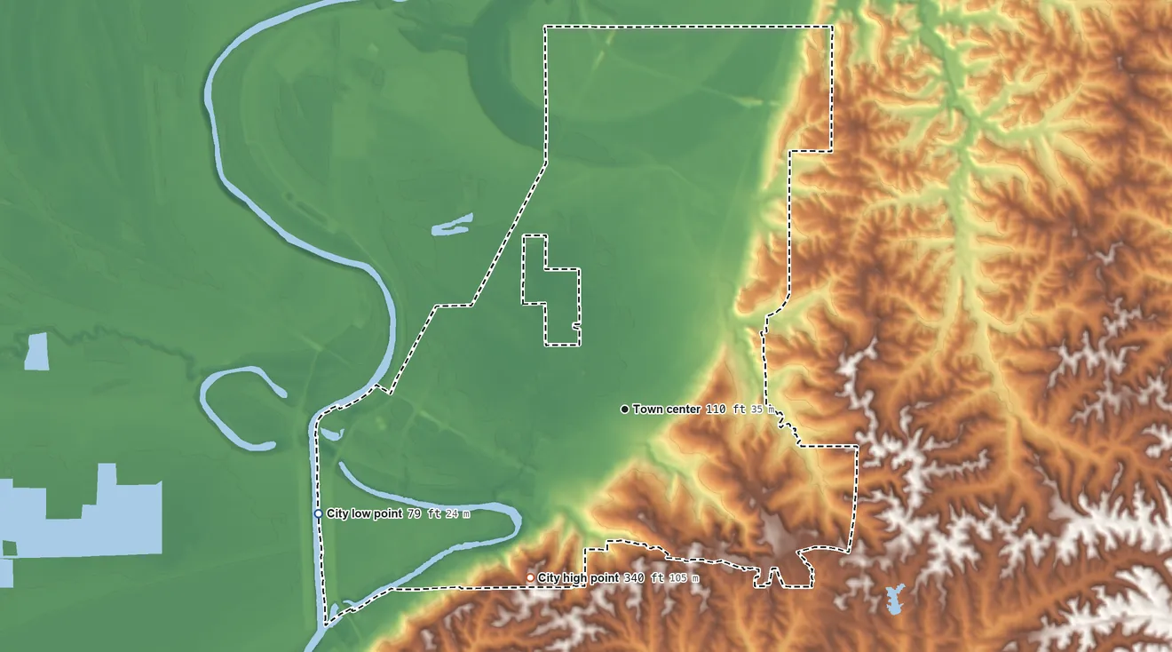 Topographic elevation map of Yazoo City, Mississippi, shaded from 79 ft on the west side to 340 ft on the southwest side