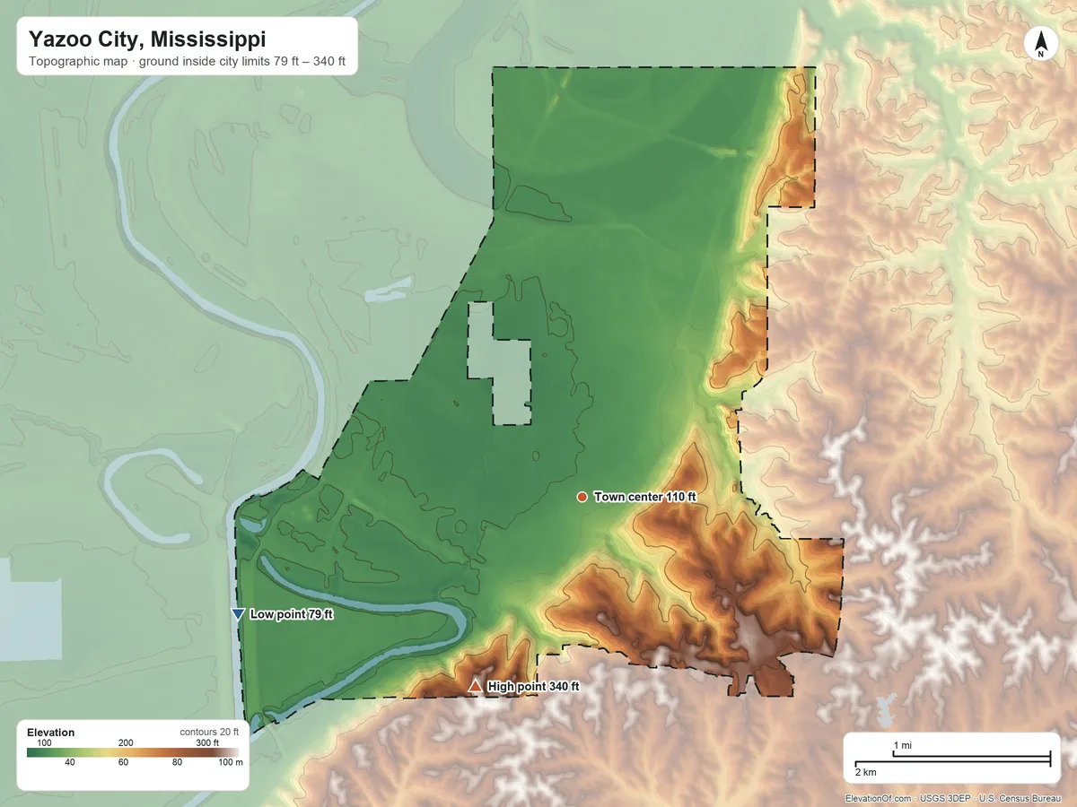 Topographic elevation map of Yazoo City, Mississippi, shaded from 79 ft on the west side to 340 ft on the southwest side