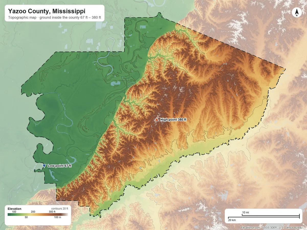 Topographic elevation map of Yazoo County, Mississippi, shaded from 67 ft on the southwest side to 380 ft near the middle