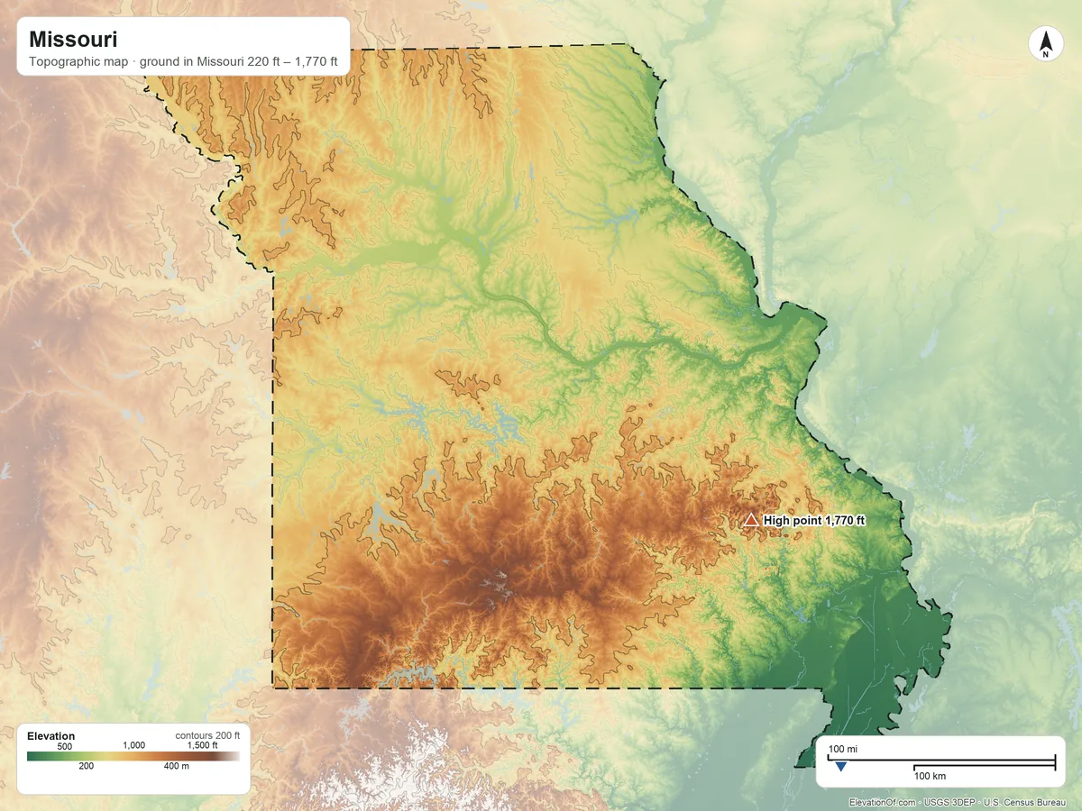 Topographic elevation map of Missouri, shaded from 220 ft on the southeast side to 1,770 ft on Taum Sauk Mountain