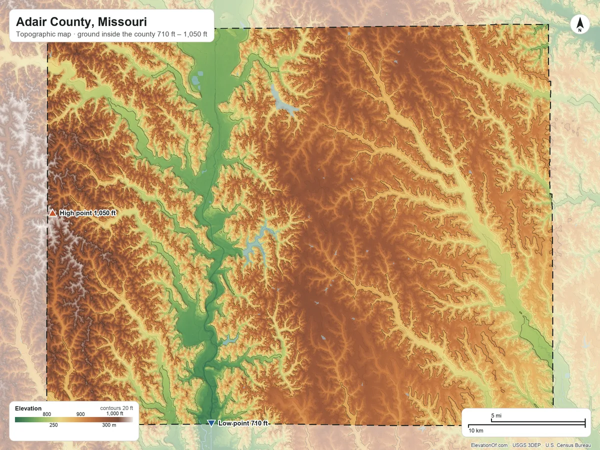 Topographic elevation map of Adair County, Missouri, shaded from 710 ft on the southwest side to 1,050 ft on the west side