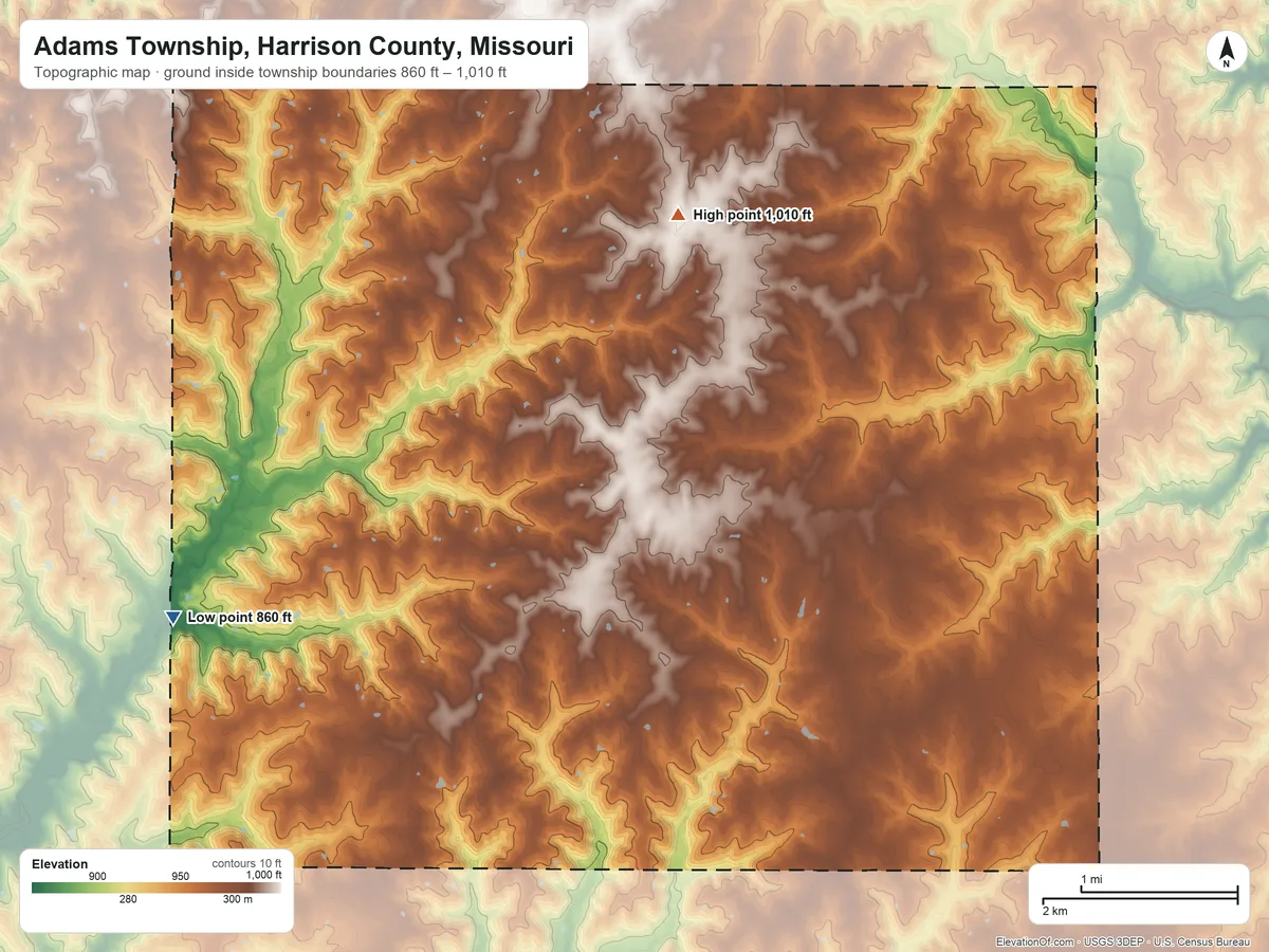 Topographic elevation map of Adams Township, Harrison County, Missouri, shaded from 860 ft on the southwest side to 1,010 ft near the middle