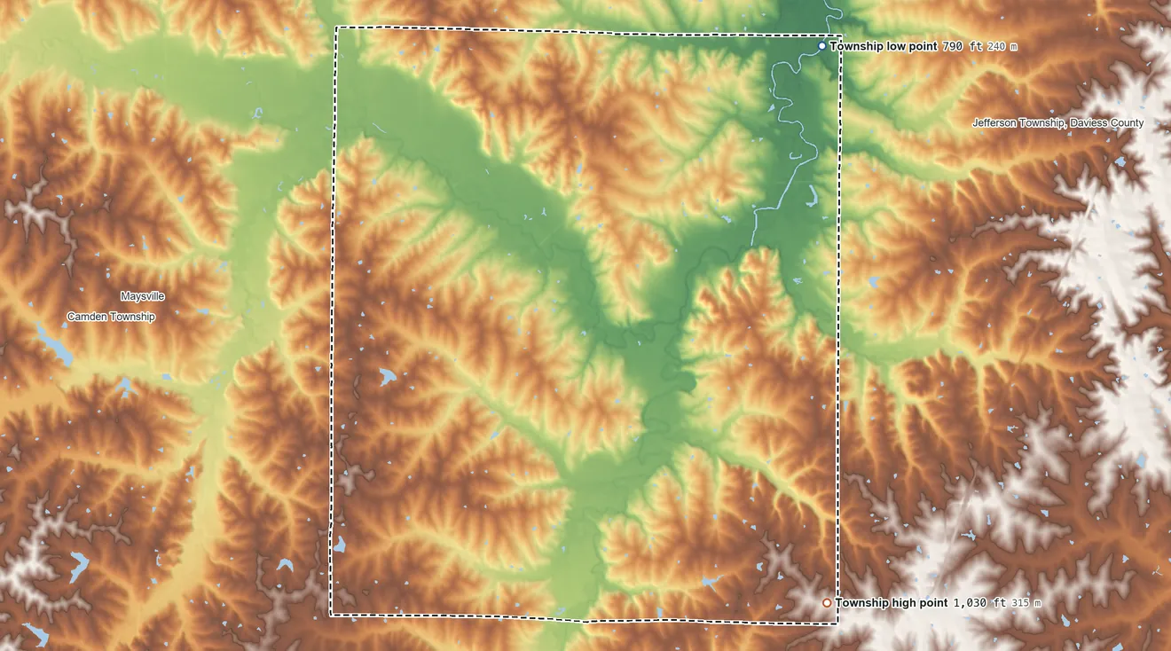 Topographic elevation map of Adams Township, Missouri, shaded from 790 ft on the northeast side to 1,030 ft on the southeast side