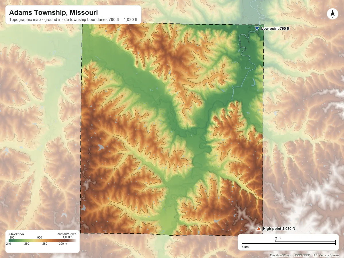 Topographic elevation map of Adams Township, Missouri, shaded from 790 ft on the northeast side to 1,030 ft on the southeast side