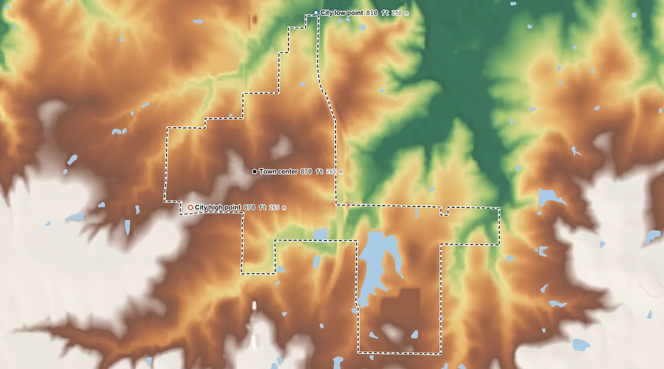 Topographic elevation map of Adrian, Missouri, shaded from 810 ft on the north side to 870 ft on the southwest side