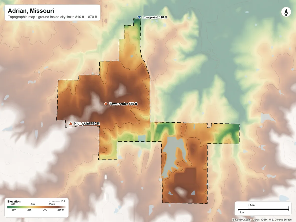 Topographic elevation map of Adrian, Missouri, shaded from 810 ft on the north side to 870 ft on the southwest side