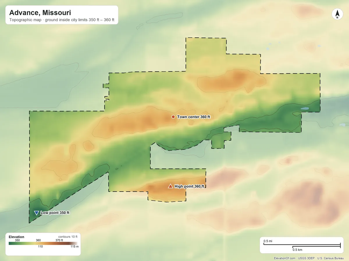Topographic elevation map of Advance, Missouri, shaded from 350 ft on the southwest side to 360 ft on the south side
