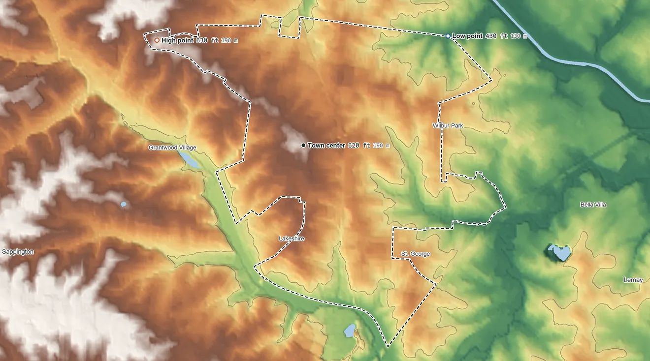 Topographic elevation map of Affton, Missouri, shaded from 430 ft on the northeast side to 630 ft on the northwest side