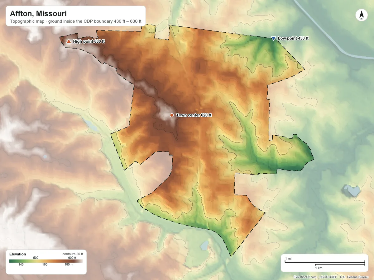 Topographic elevation map of Affton, Missouri, shaded from 430 ft on the northeast side to 630 ft on the northwest side