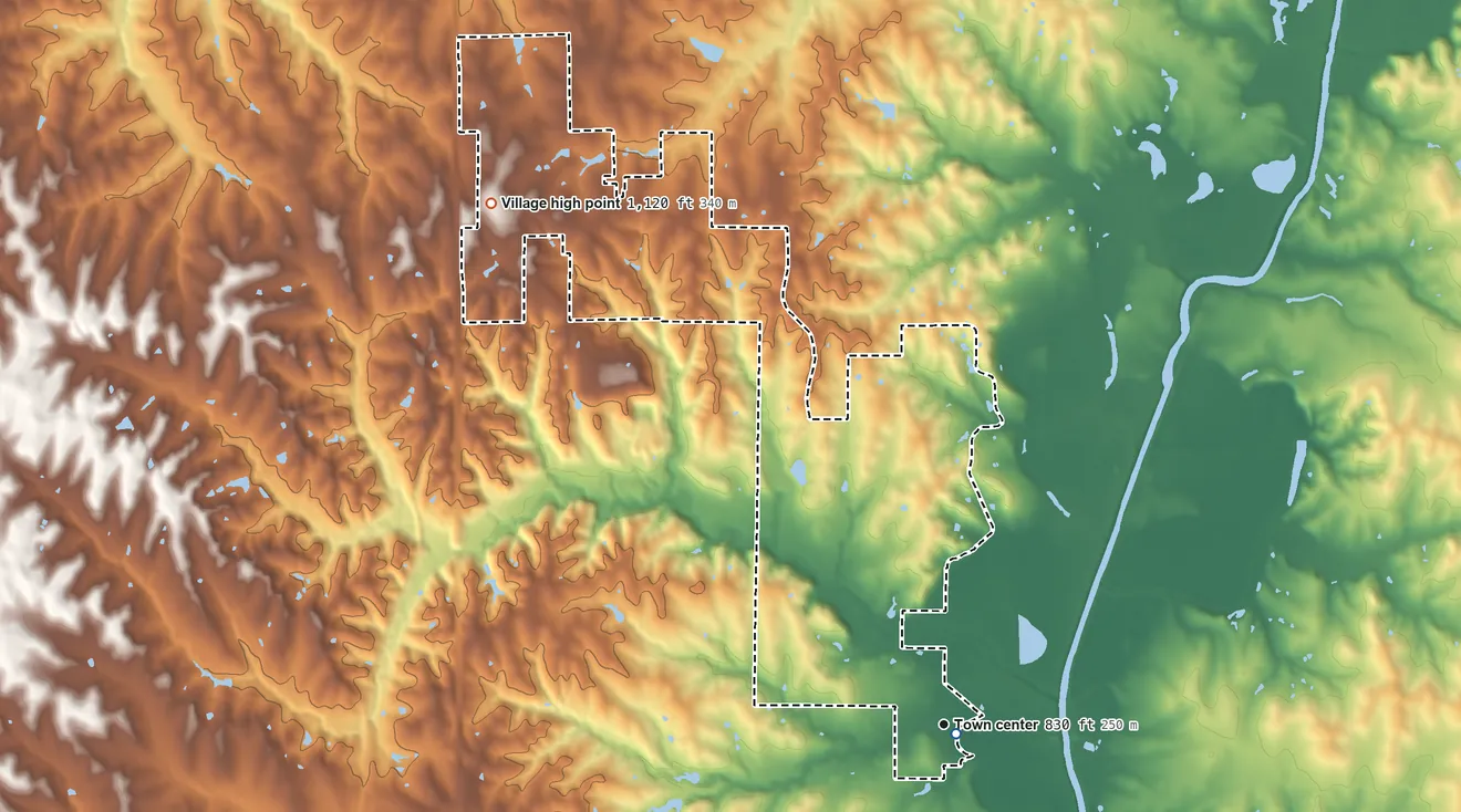 Topographic elevation map of Agency, Missouri, shaded from 820 ft near the middle to 1,120 ft on the northwest side