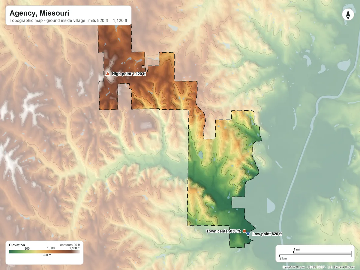 Topographic elevation map of Agency, Missouri, shaded from 820 ft near the middle to 1,120 ft on the northwest side