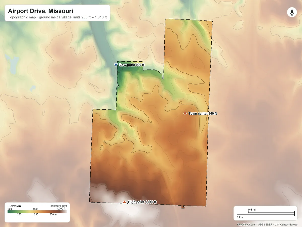 Topographic elevation map of Airport Drive, Missouri, shaded from 900 ft on the northwest side to 1,010 ft on the southwest side